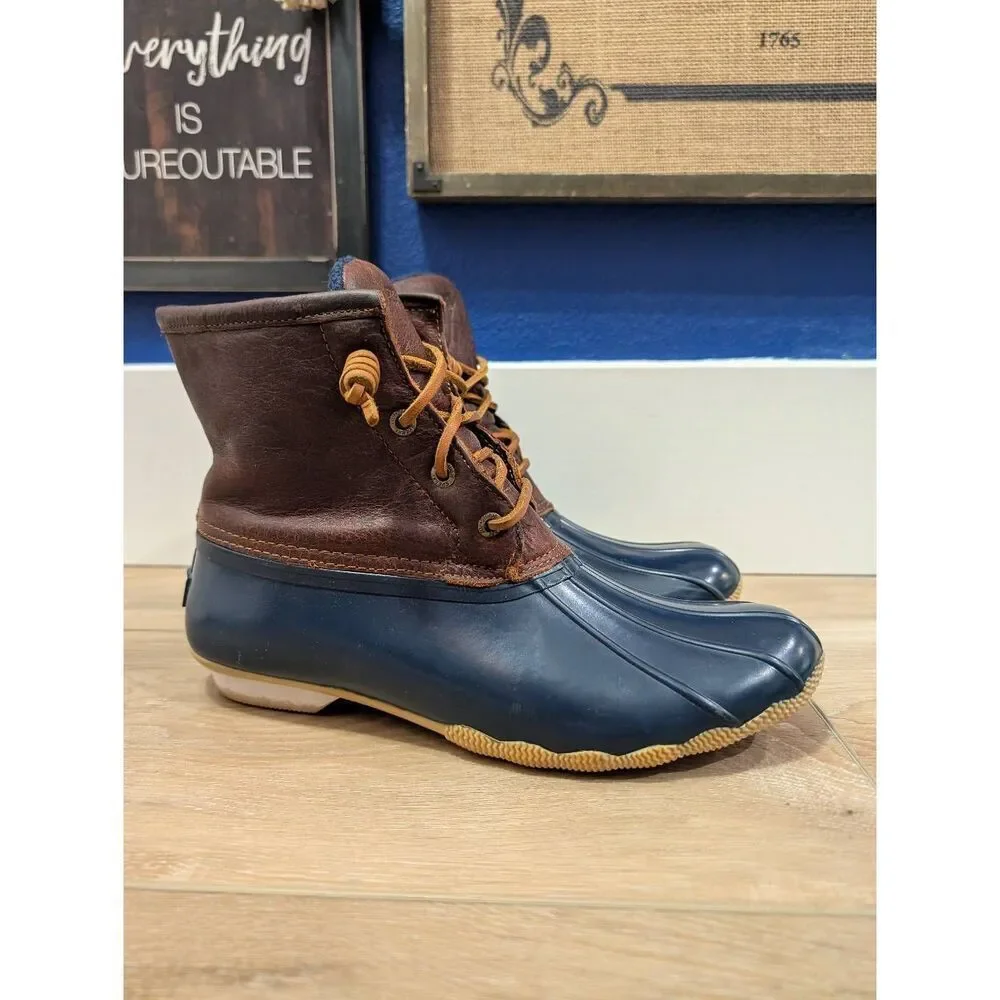 Sperry Duck Boots Women’s 9 Brown Leather & Navy Rubber Waterproof Rain Boots EU